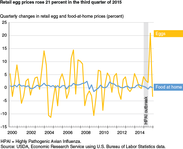 This chart shows: 'Retail egg prices rose 21 percent in the third quarter of 2015'.
