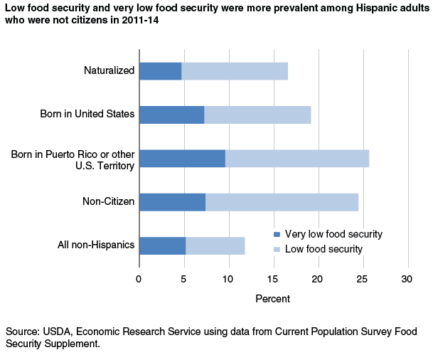This chart shows: 'Low food security and very low food security were more prevalent among Hispanic adults who were not citizens in 2011-14'.