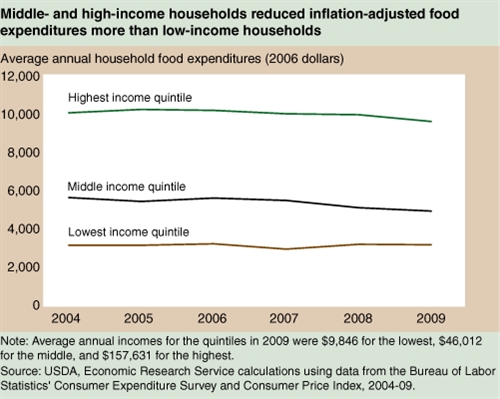 A chart showing low, middle and high income households food expenditures, years 2004 to 2009.