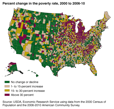 A map of the U.S. showing the percent change in the poverty rate, year 2000 to 2006-2010.