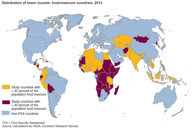 A map of the world showing the distribution of lower income, food insecure countries in 2012.