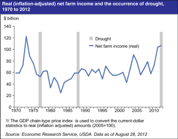 A chart showing the real, inflation adjusted, net farm income and the occurrence of drought, years 1970 to 2012.