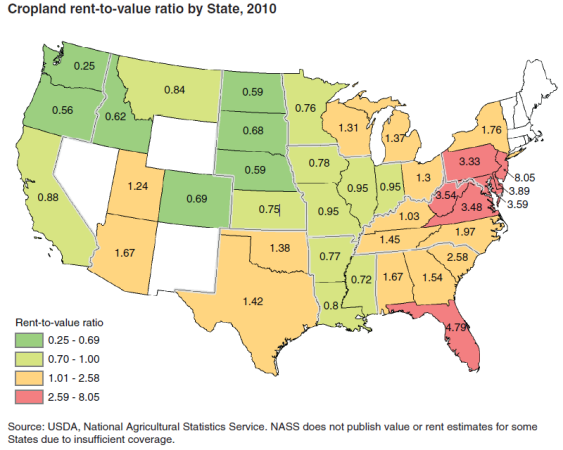 A map of the U.S. showing cropland rent to value ratio by State in 2010.