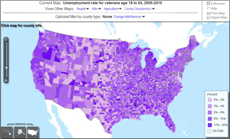 A map of the U.S. showing how unemployment patterns for veterans vary across the country.