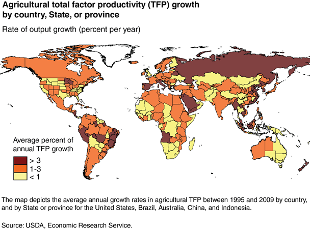 A map of the world showing the agricultural total factor productivity growth by country, State, or province.