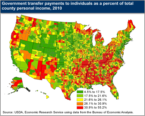A map of the U.S. showing government transfer payments to individuals as a percent of total county personal income, year 2010.