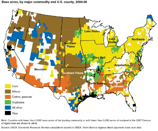 A map of the U.S. showing the base acres by major commodity and county in years 2004 to 2008