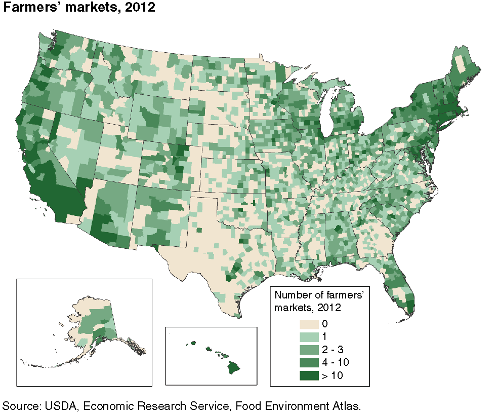 A map of the U.S. showing the number of farmer markets in 2012.