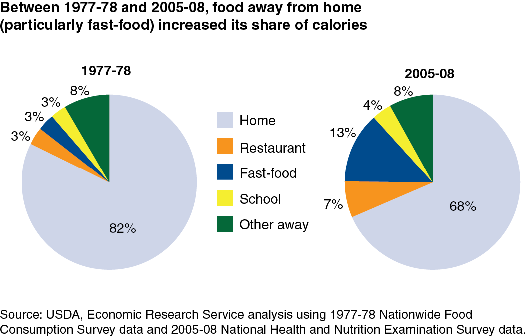 A chart showing a comparison in the share of calories consumed by Americans, by source, between years 1977-1978 and 2005-2008.