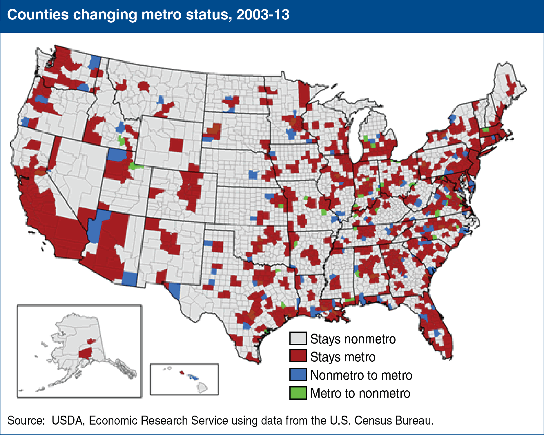 A map of the U.S. showing the counties changing metropolitan status between 2003 and 2013.