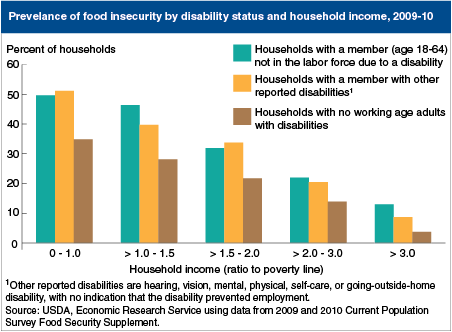 A chart showing the prevalence of food insecurity by disability status and household income, years 2009 to 2010.