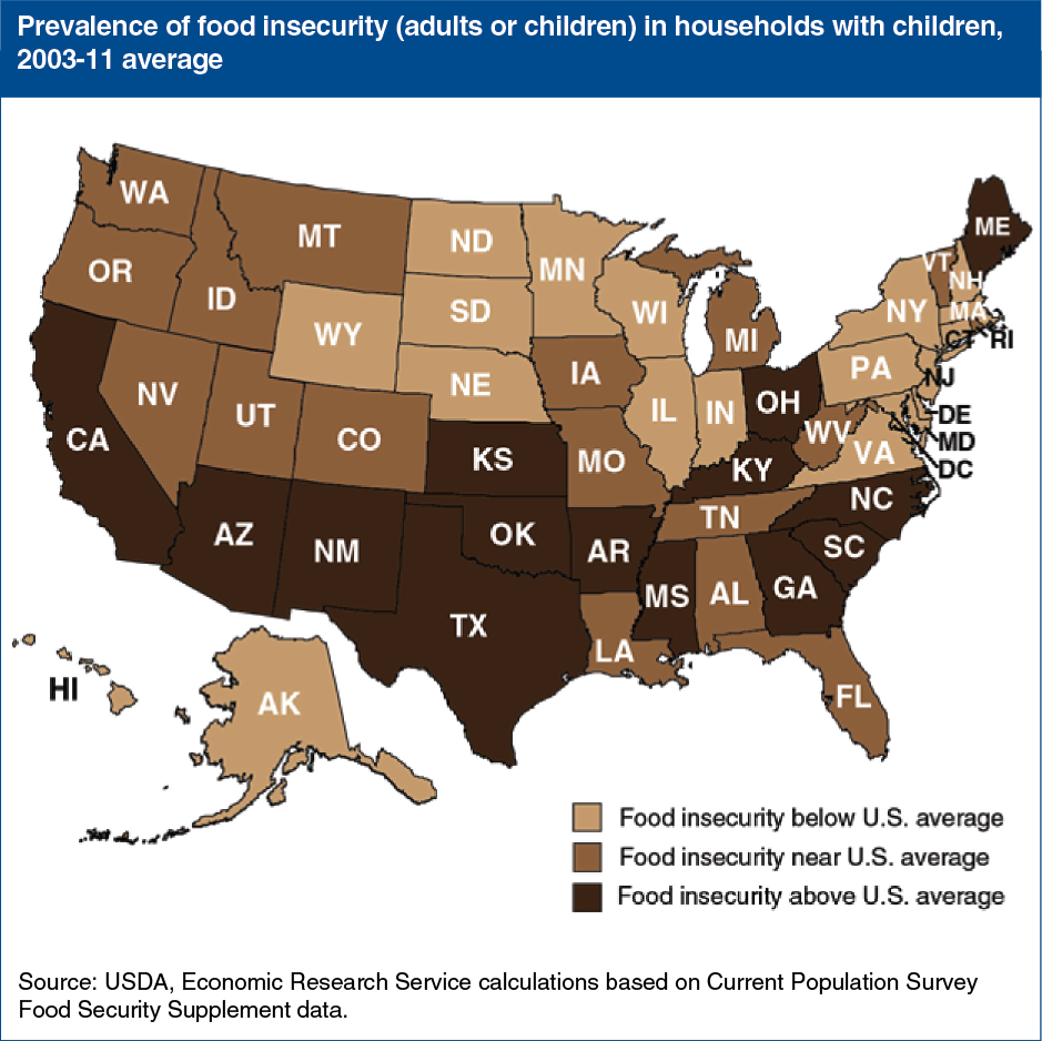 A map of the U.S. showing the prevalence of food insecurity, adults or children, in households with children, years 2003 to 2011 average.
