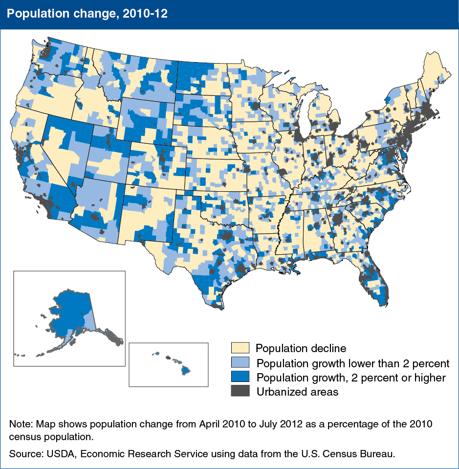 A map of the U.S. showing the population change, years 2010 to 2012.