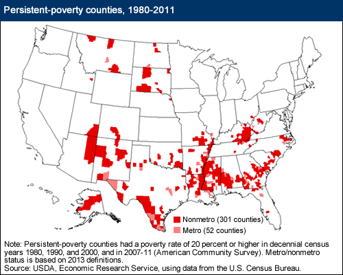 A map of the U.S. showing persistent poverty counties, years 1980 to 2011.