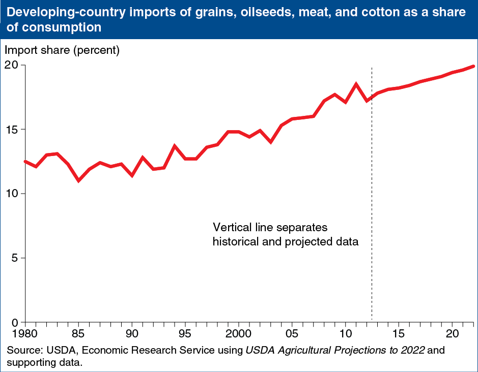 A chart showing the import of grains, oilseeds, meat, and cotton, as a share of consumption from developing countries.