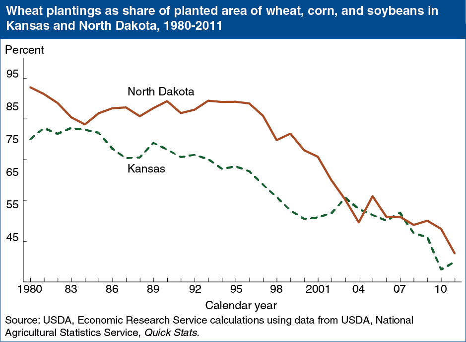 A chart showing the wheat plantings as a share of planted area of wheat, corn, and soybeans in Kansas and North Dakota, in years 1980 to 2011.