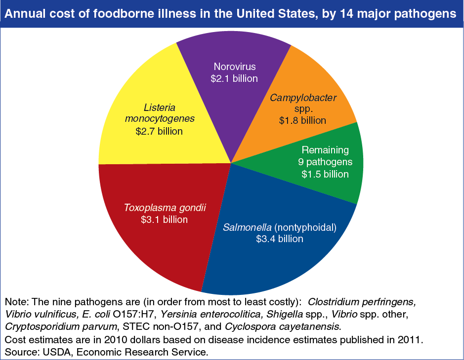 A chart showing the annual cost of foodborne illness in the United States, by 14 major pathogens.