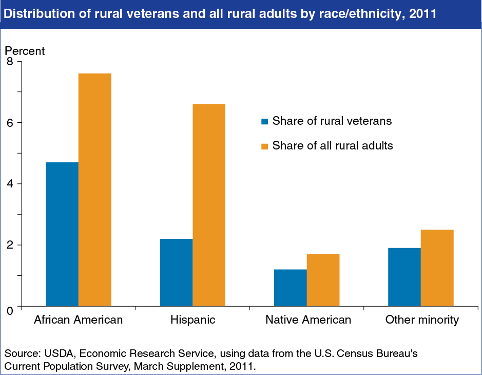 A chart showing the distribution of rural veterans and all rural adults by race or ethnicity, in 2011.