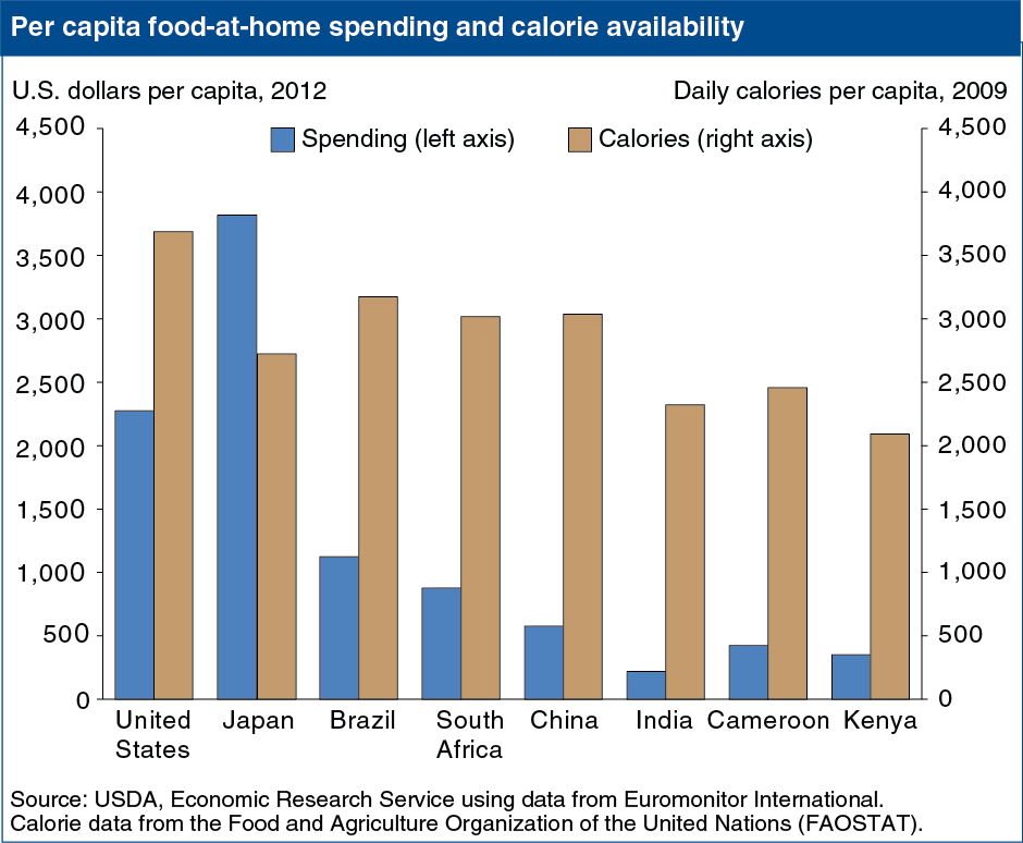 A chart showing the per capita food at home spending and calorie availability.