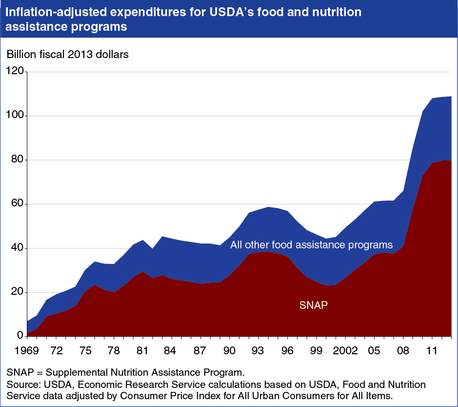 A chart showing the inflation adjusted expenditures for USDA's food and nutrition assistance programs.