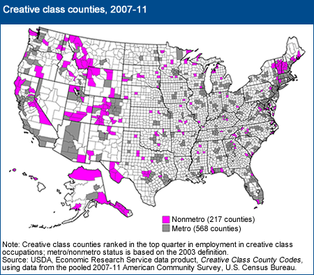 A map of the U.S. showing the creative class counties, years 2007 to 2011.