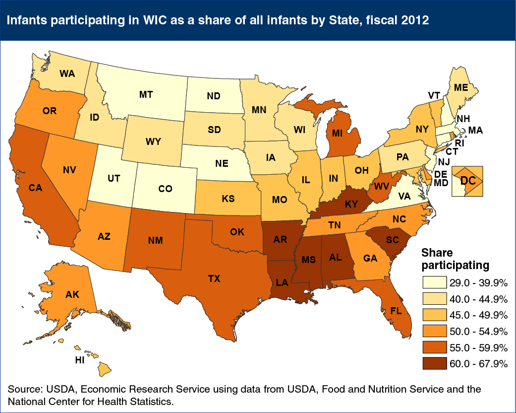 Map showing infants participating in WIC as a share of all infants by State, fiscal 2012