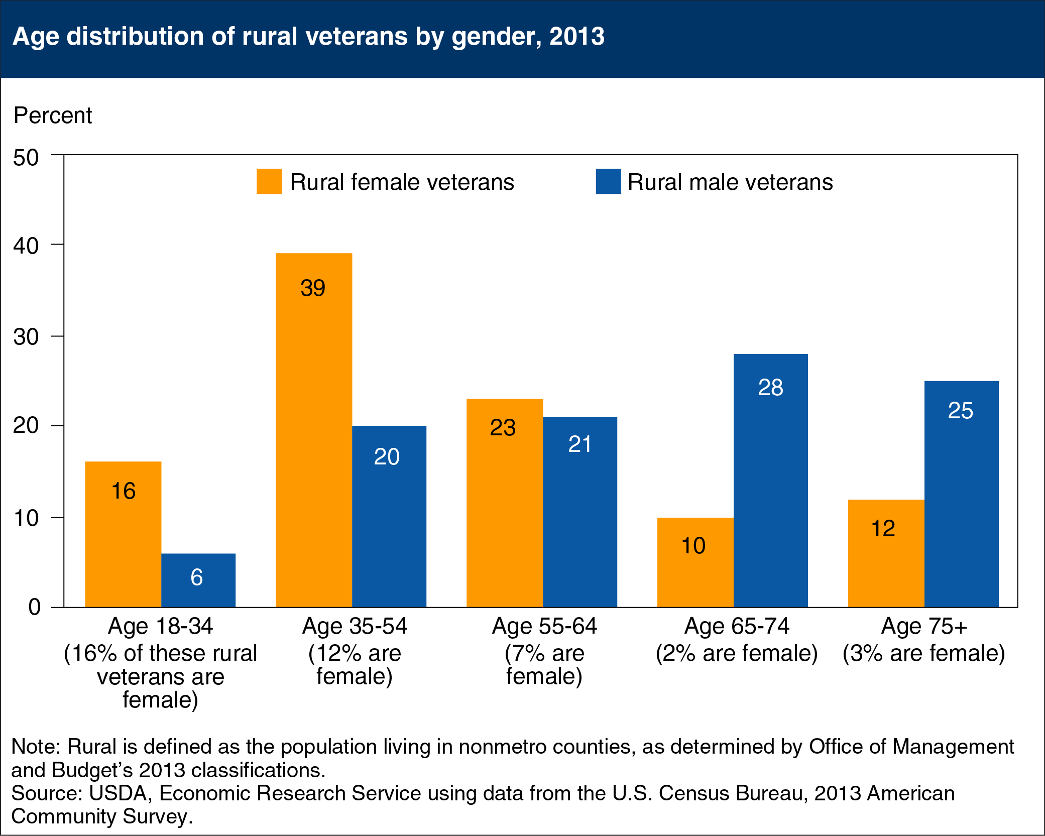 Bar chart showing age distribution of rural veterans by gender, 2013