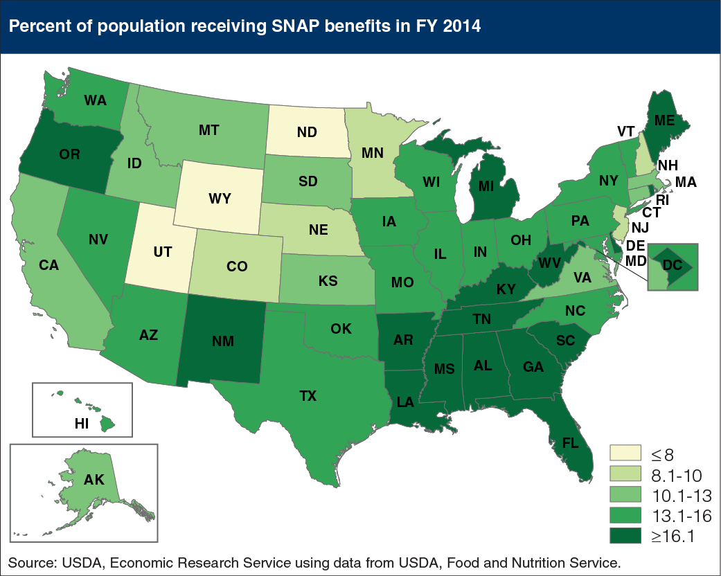 Map showing percent of population receiving SNAP benefits in FY2014