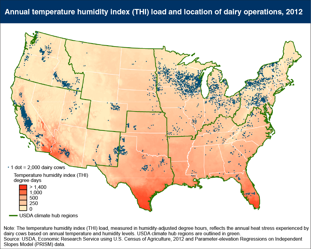 Map showing annual temperature humidity index (THI) load and location of dairy operations, 2012