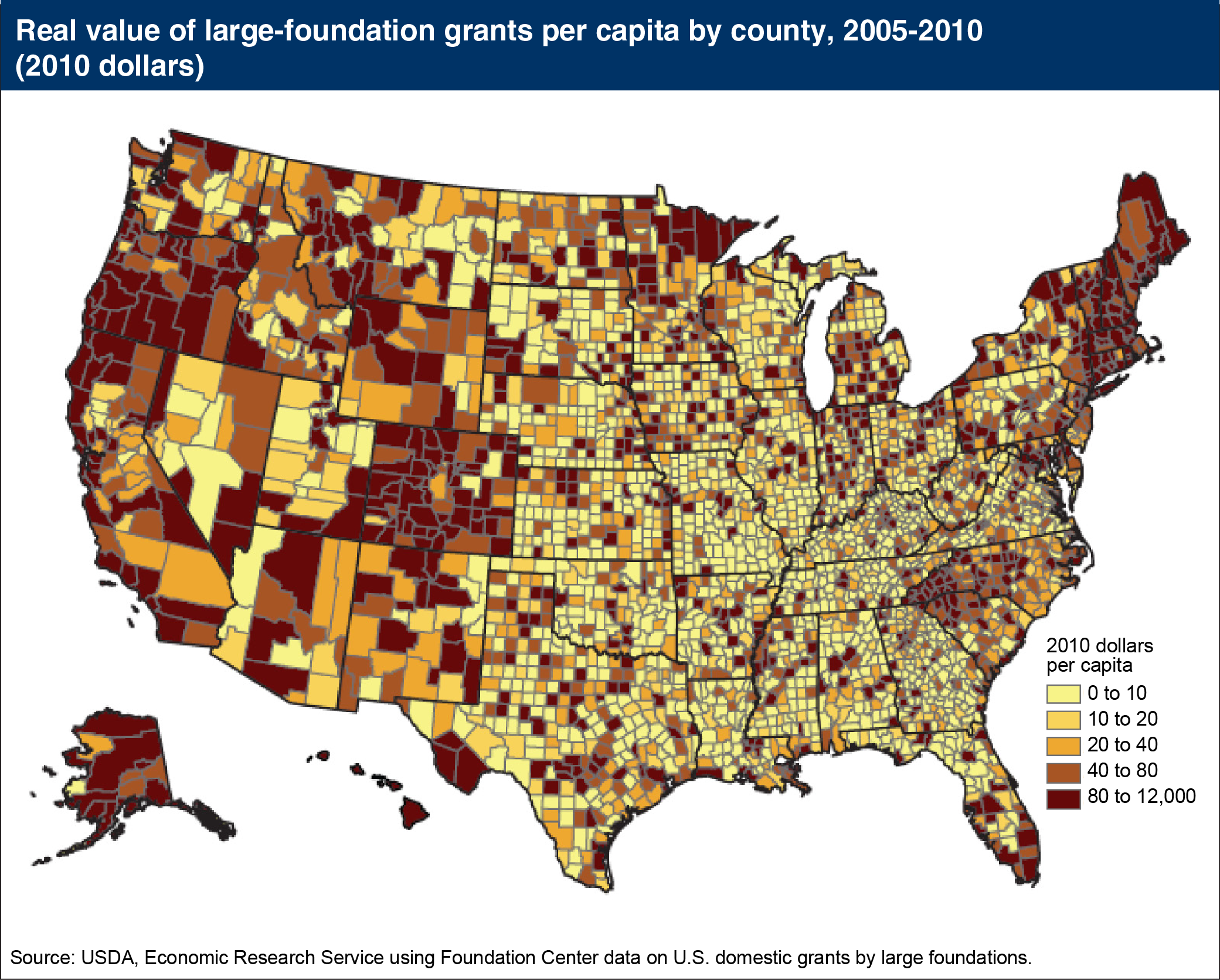 Map showing real value of large-foundation grants per capita by county, 2005-2010 (2010 dollars)