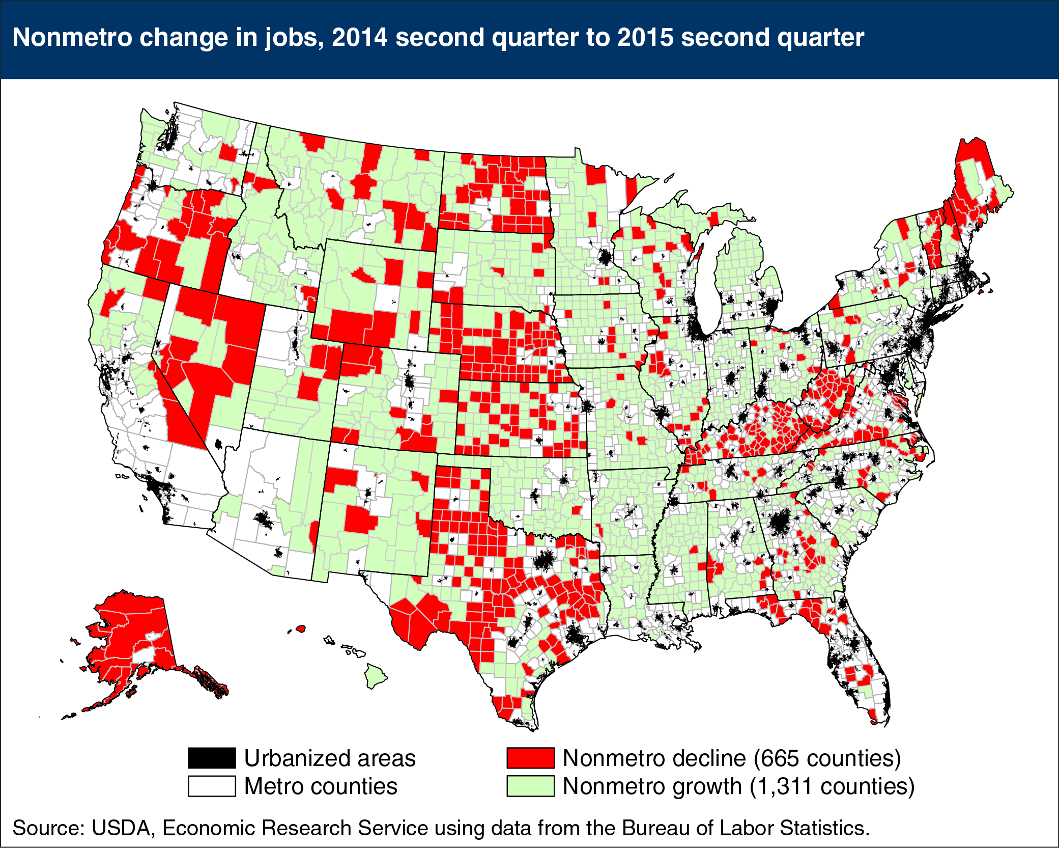 Map showing nonmetro change in jobs, 2014 second quarter to 2015 second quarte