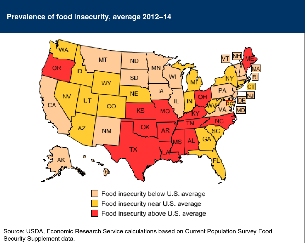 Map showing prevalance of food insecurity, average 2012-14