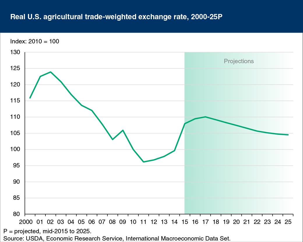 Line chart showing real U.S. agricultural trade-weighted exchange rate, 2000-25P