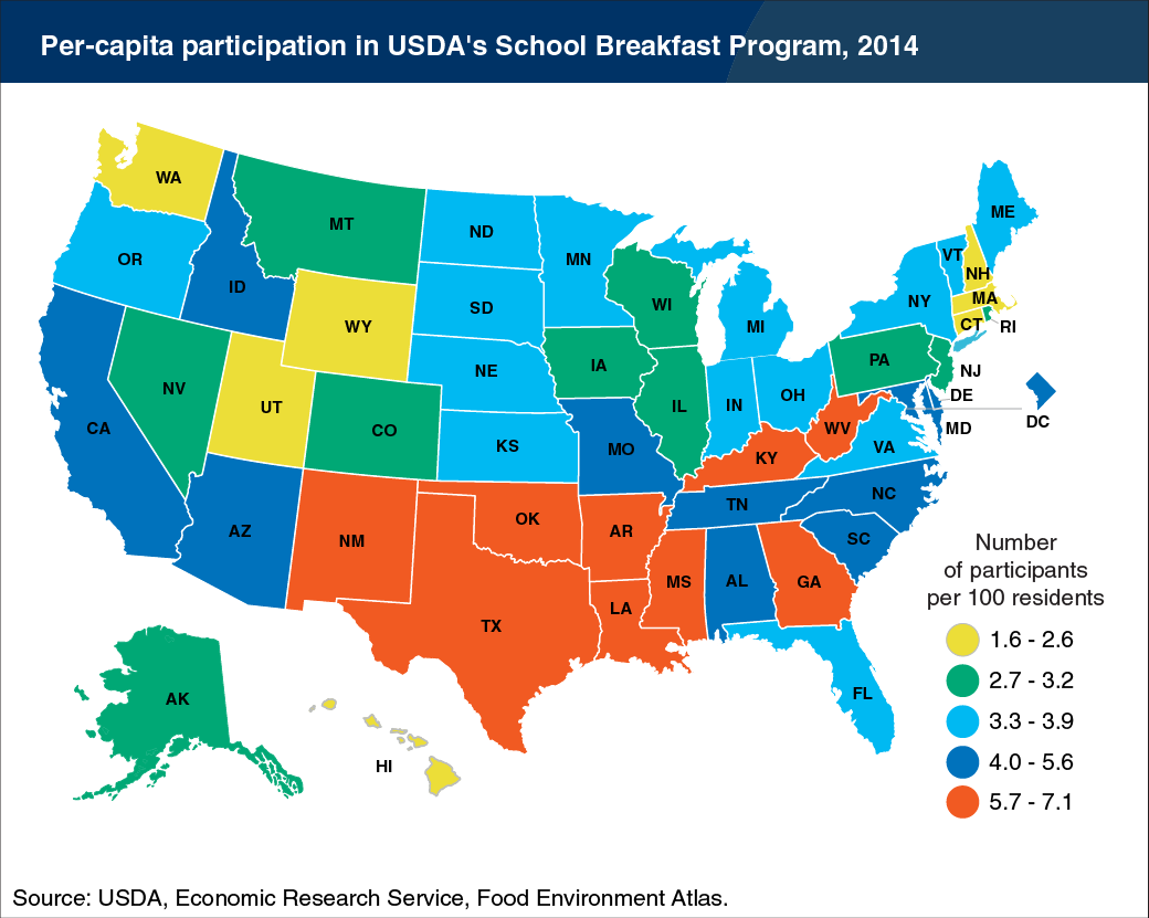 Map showing per-capita participation in USDA's School Breakfast Program, 2014