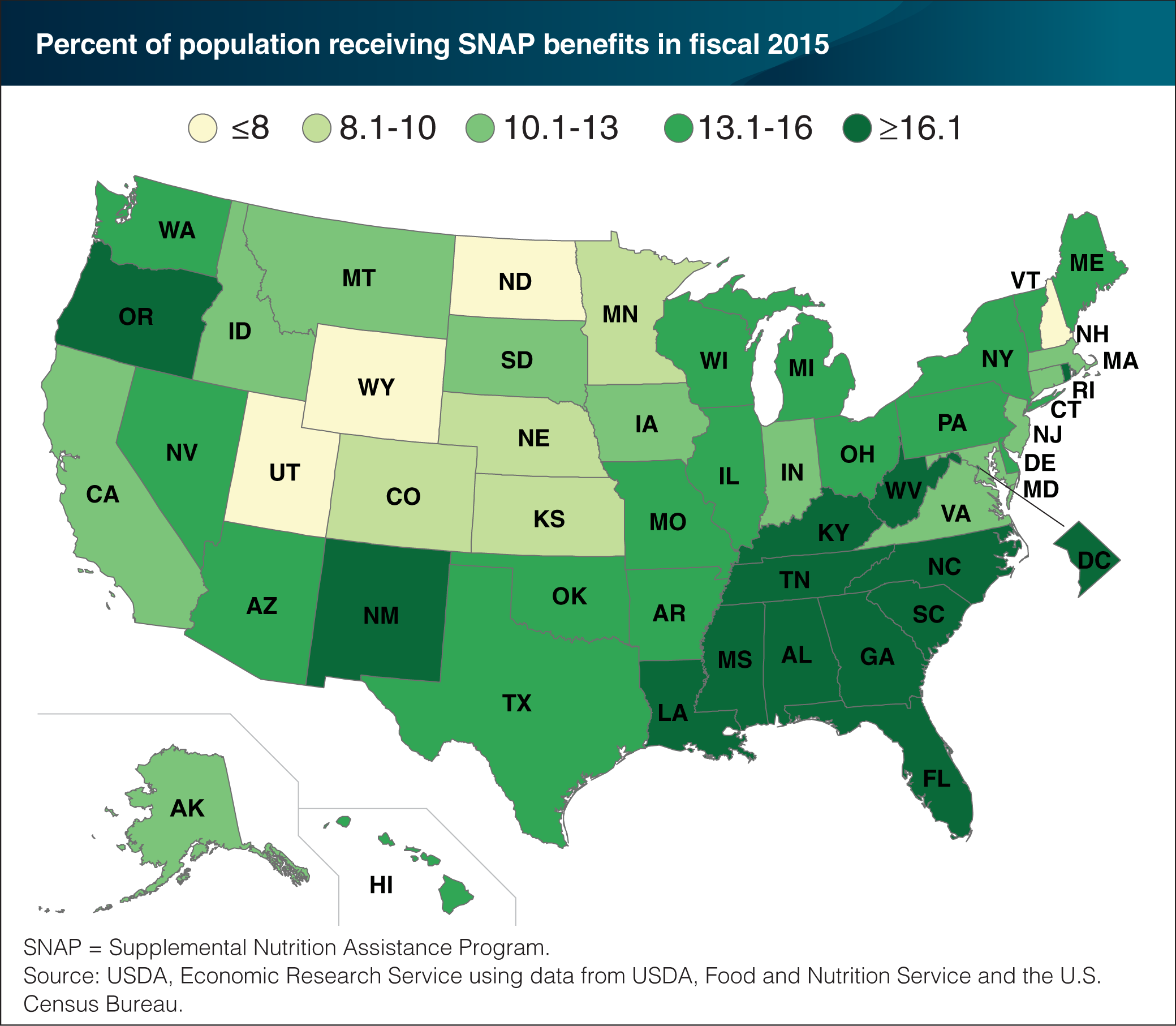 Map showing percent of population receiving SNAP benefits in fiscal 2015