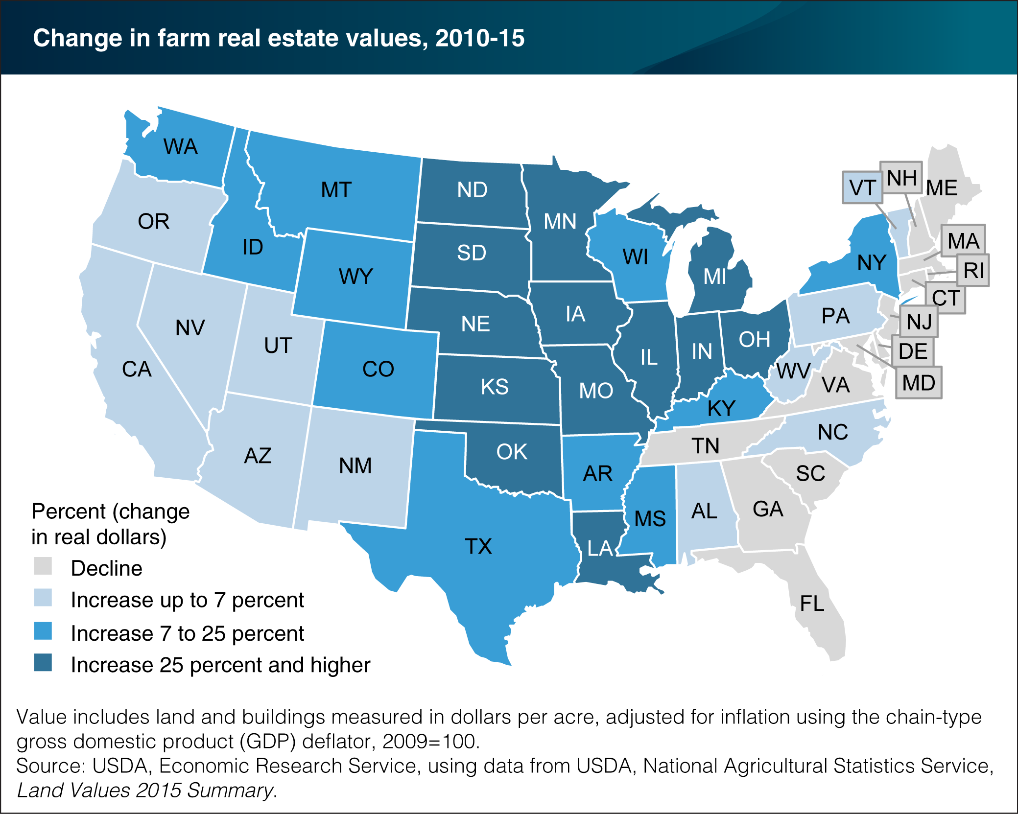 Map showing change in farm real estate values, 2010-15