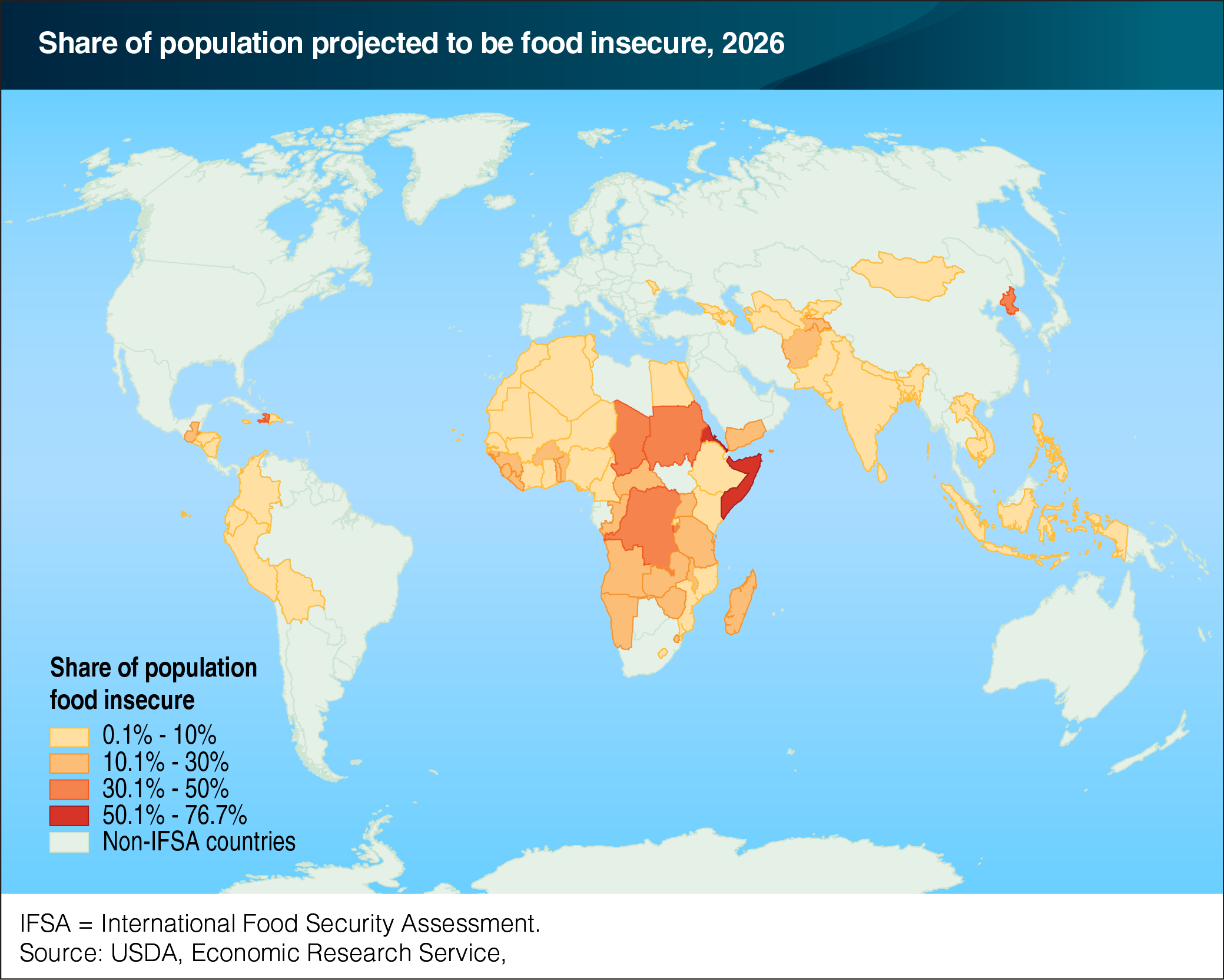 A map of the world showing the share of population projected to be food insecure, year 2025.