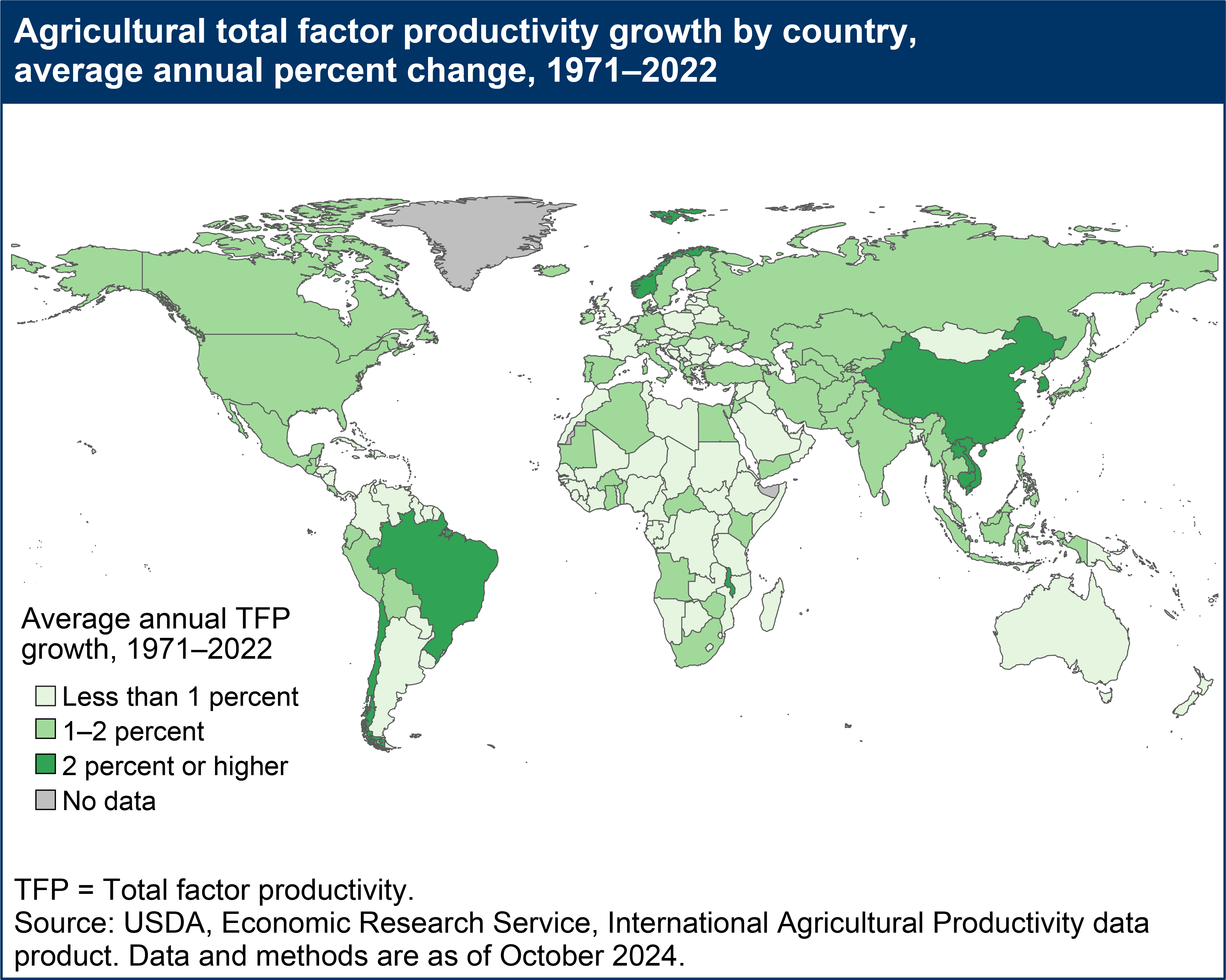 A world map shows agricultural total factor productivity (TFP) growth by country, average annual percent change over the period 1971 to 2022