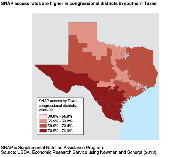 This chart shows: 'SNAP access rates are higher in congressional districts in southern Texas'.