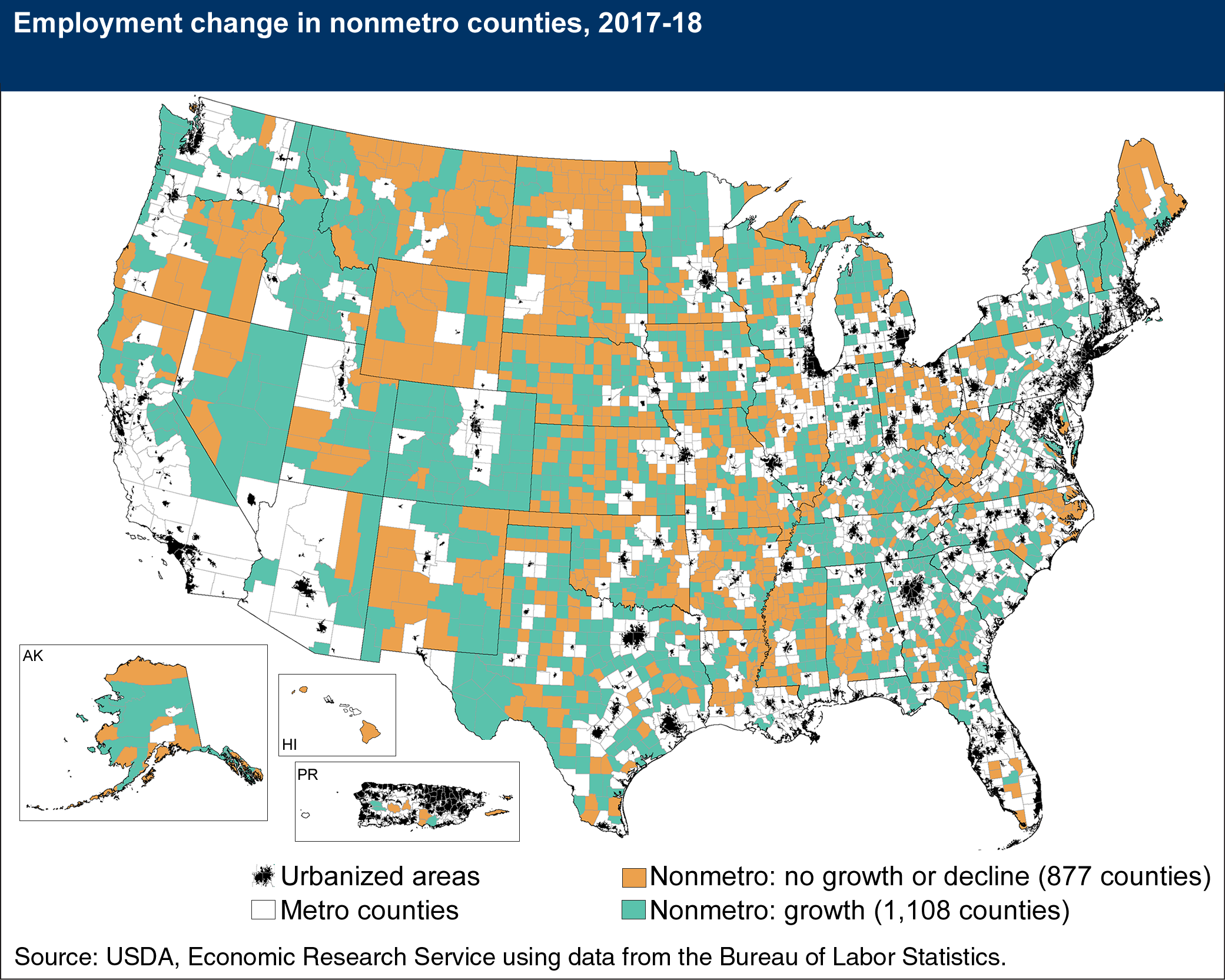 Employment change in nonmetro counties, 2017-18