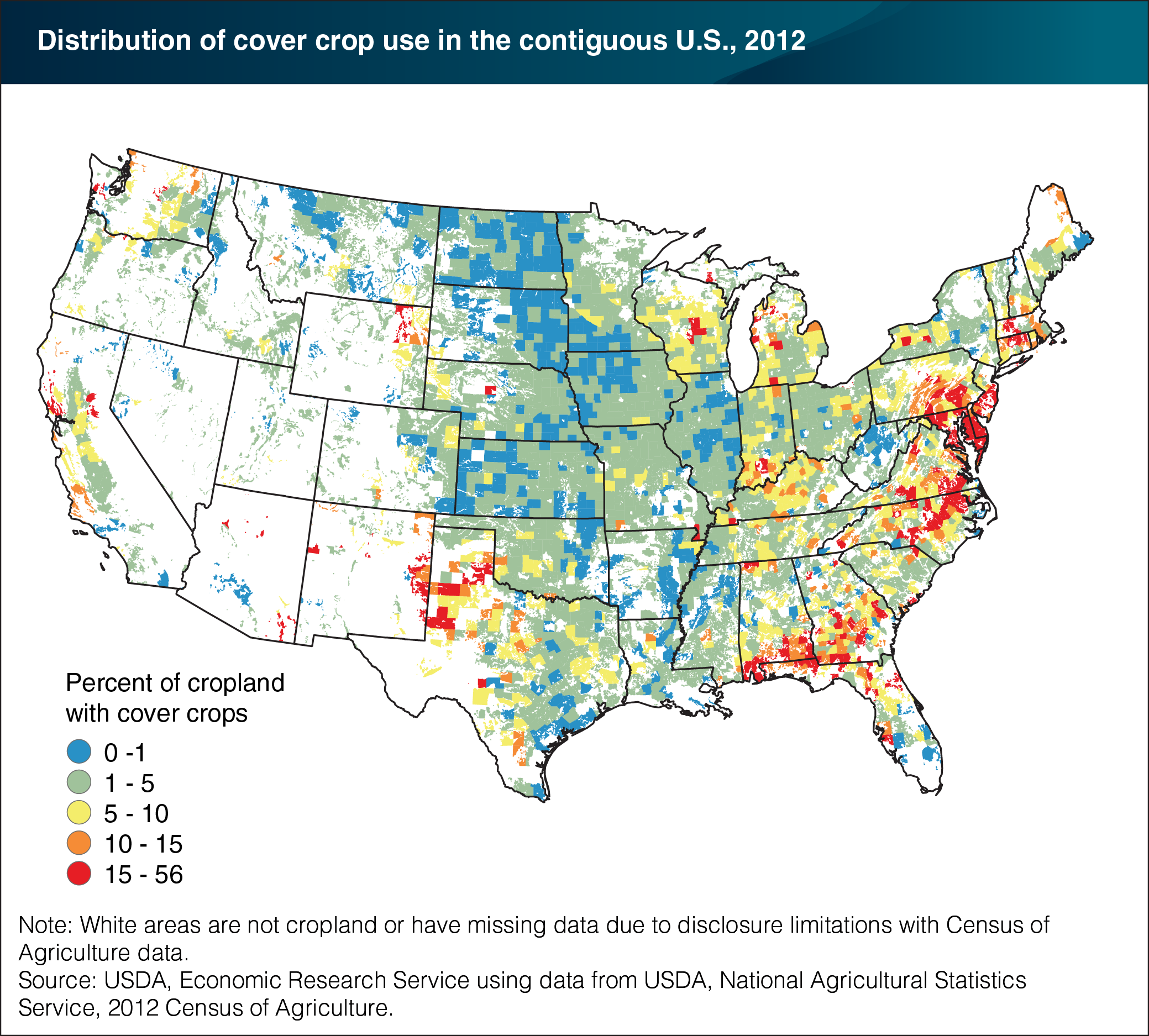 A map of the contiguous United States highlighting the distribution of cover crop use in 2012.