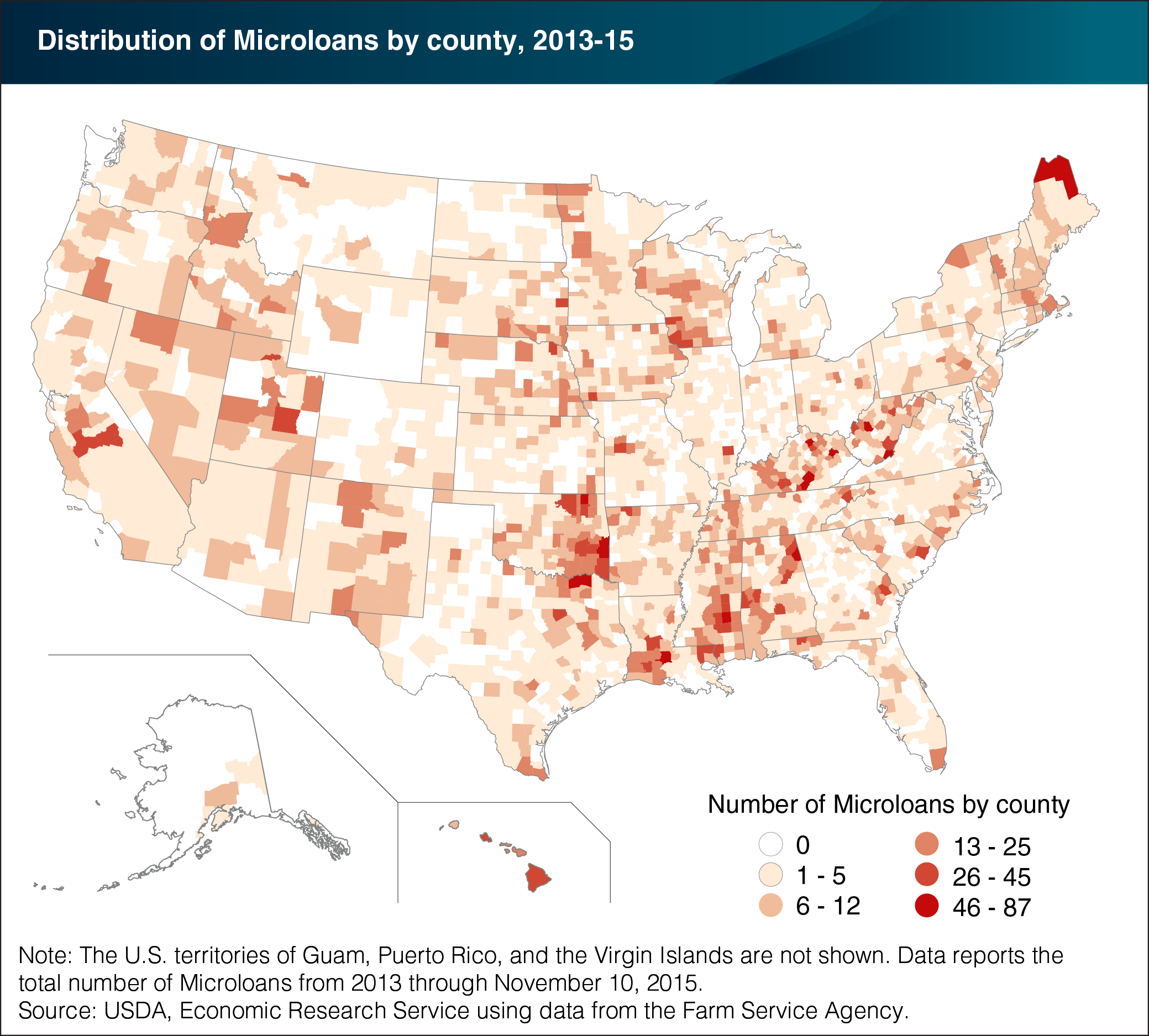 A map of the United States showing the number of Microloans by county from 2013 through November 10, 2015.