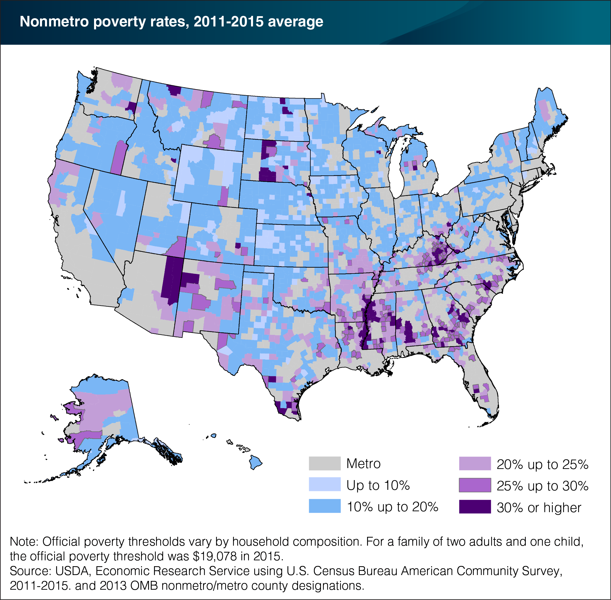 A map showing the nonmetro poverty rates for 2011-2015 average.