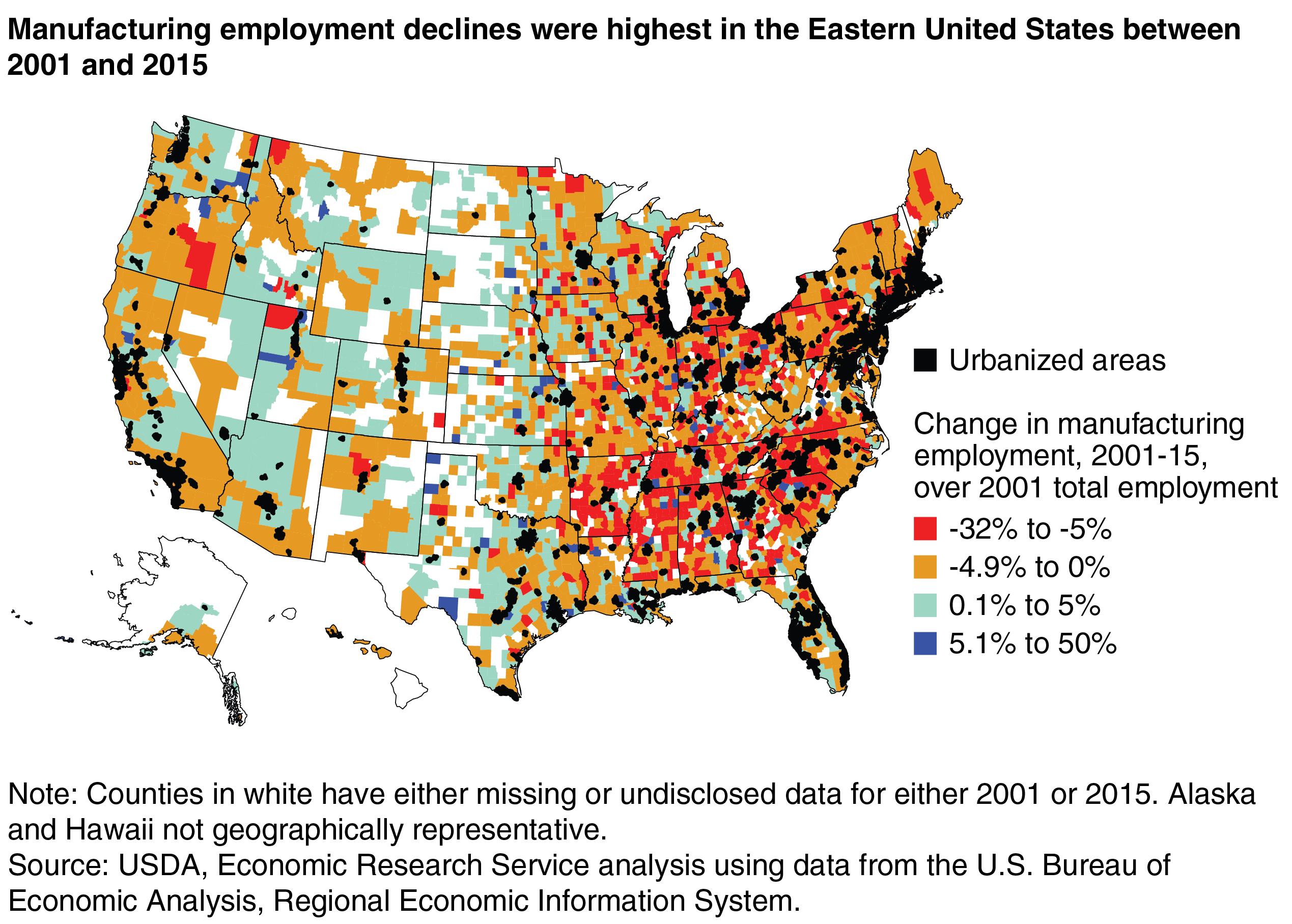 This chart shows: 'Manufacturing employment declines were highest in the Eastern United States between 2001 and 2015'.