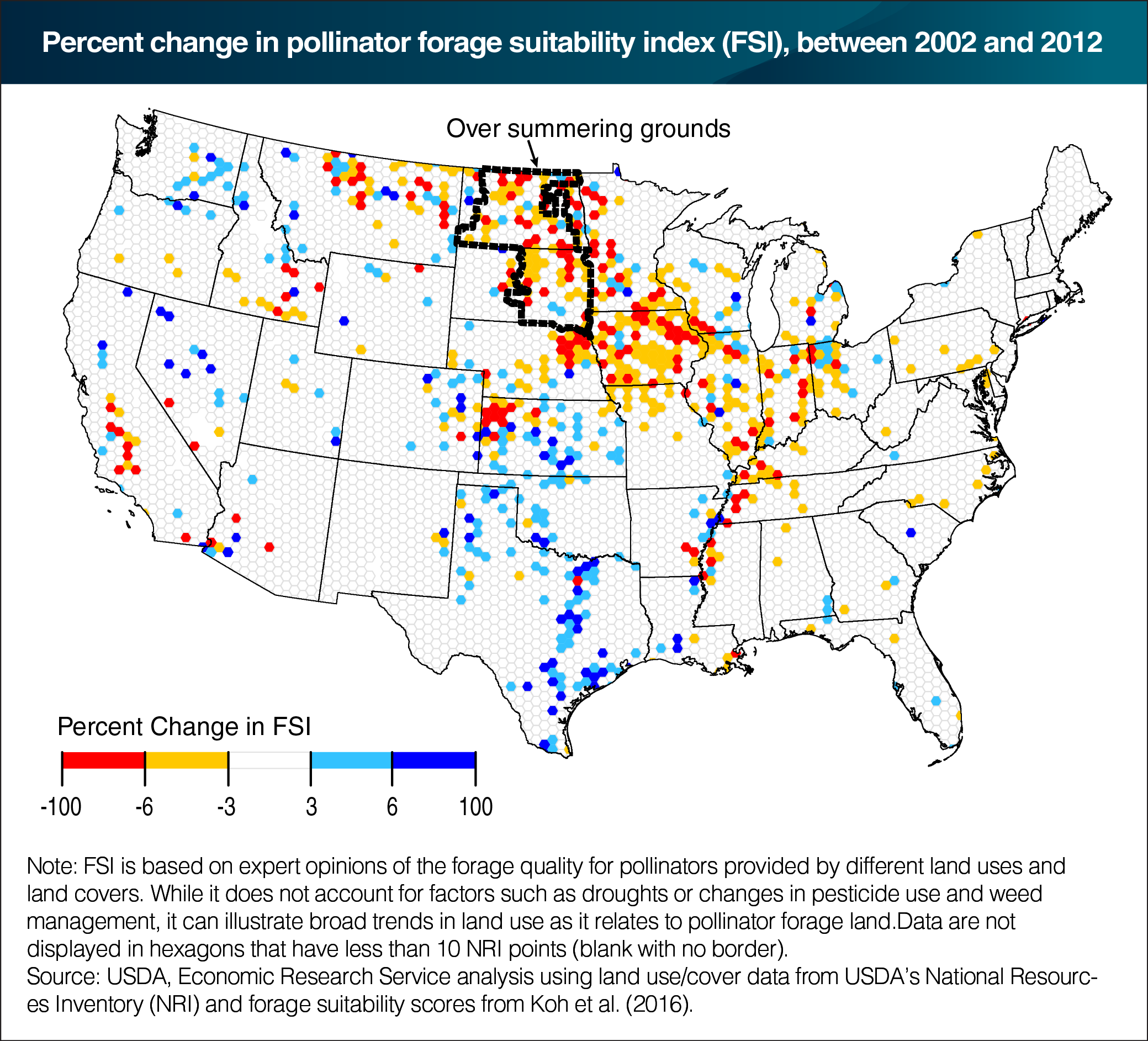 A map showing percent change in pollinator forage suitability index between 2002 and 2012.