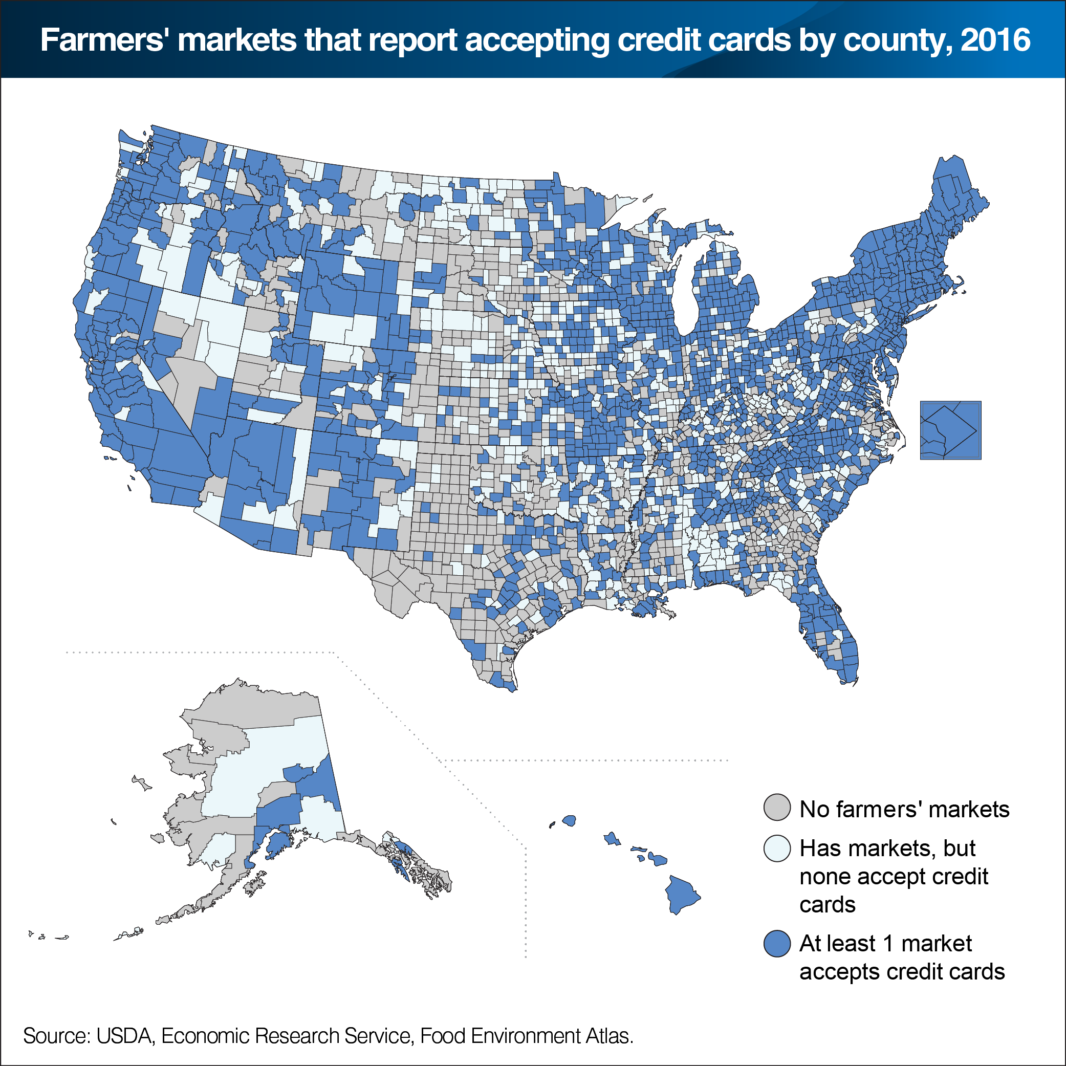 A map showing farmers’ markets that report accepting credit cards by county in 2016.