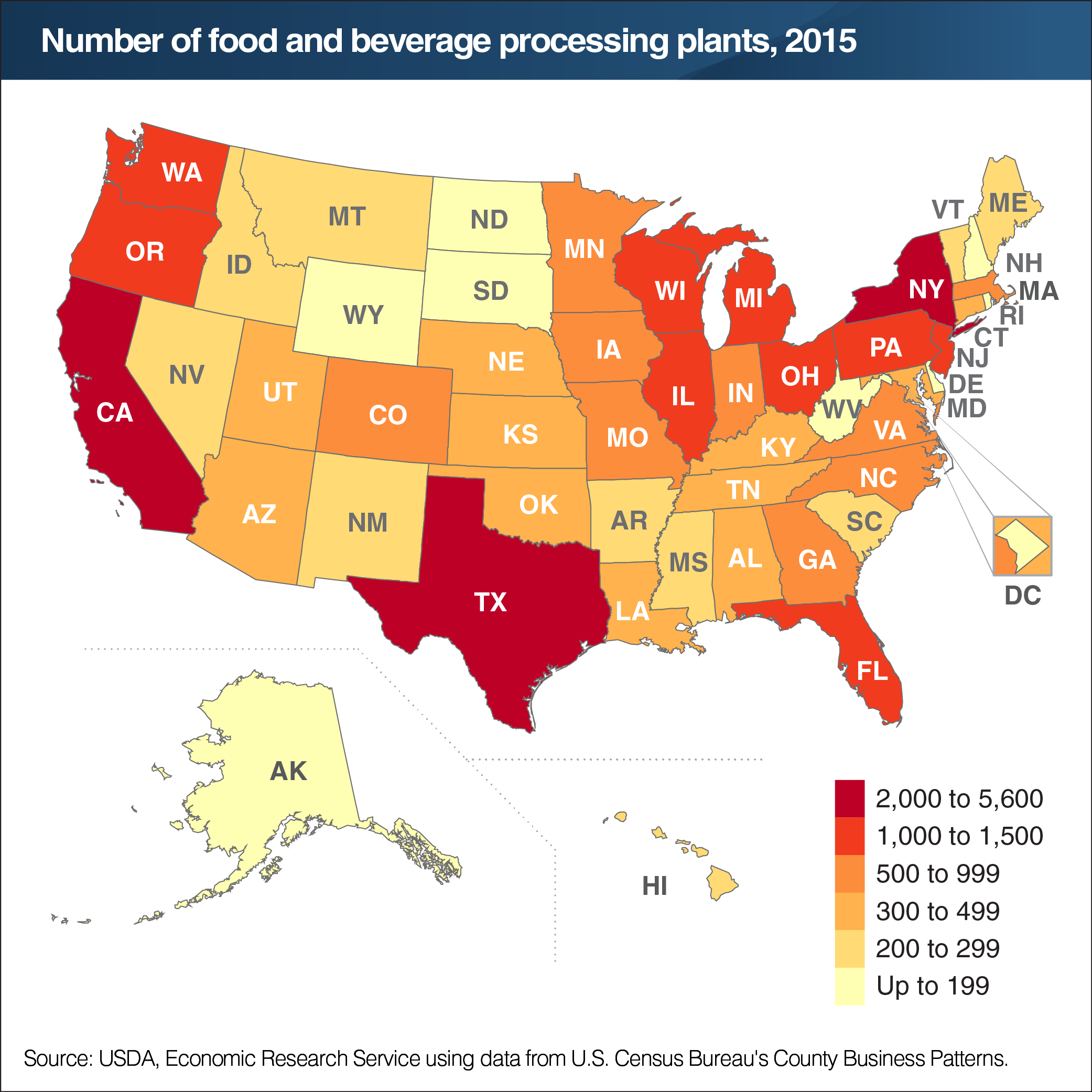 A map showing the number of food and beverage processing plants in 2015.
