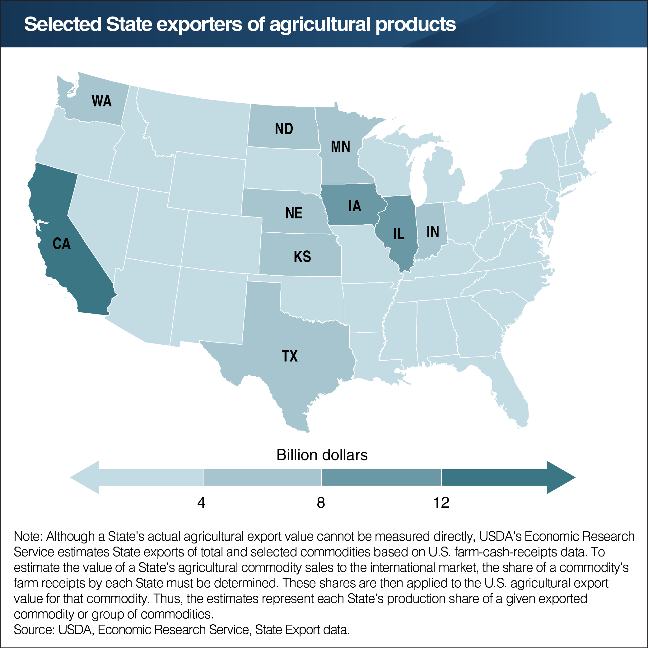 A map showing selected State exporters of agricultural products.