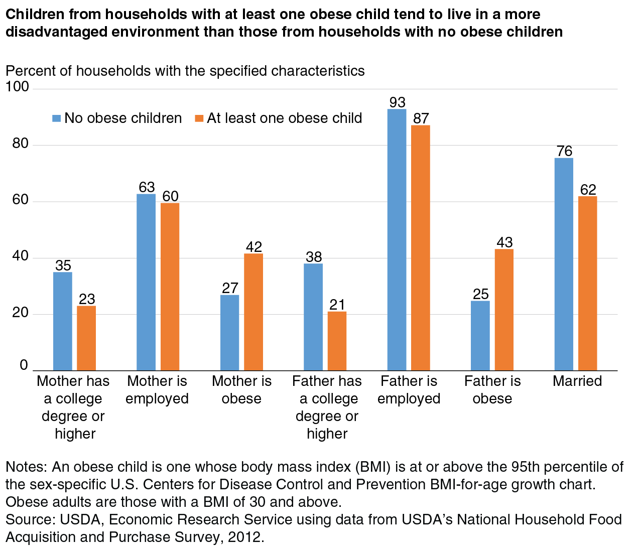 A bar chart showing the share of obese-child and nonobese-child U.S. households with specified characteristics.