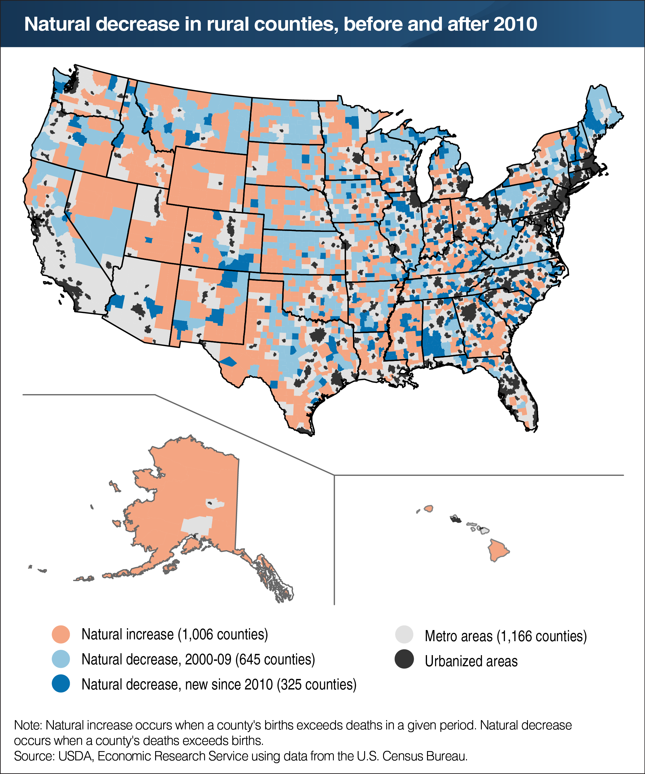 A map showing natural decrease in rural counties, before and after 2010.